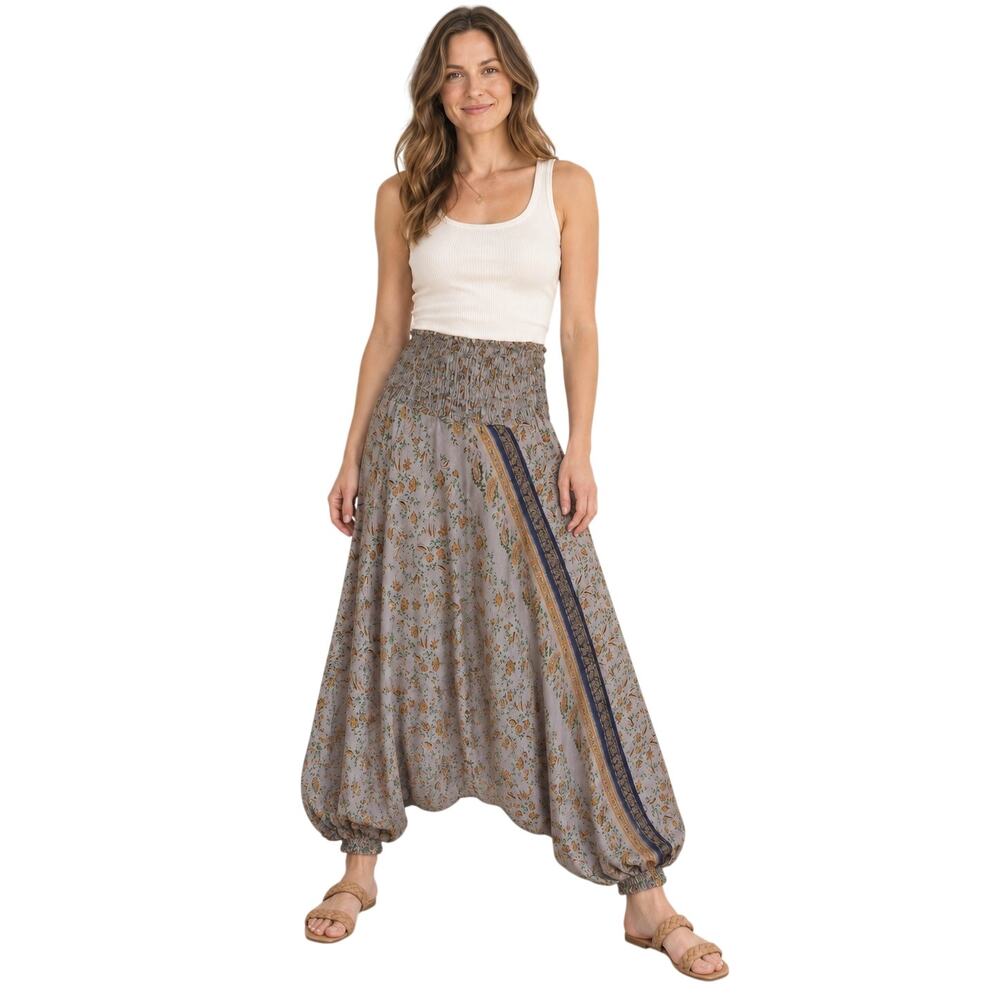 Womens Bohemian Silk Harem Pants Balloon Leg Unique One Size Drop Crotch Floral